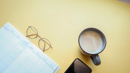 Flat lay background, workplace with coffee cup and documents, flat lay, coffee break