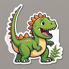 Fototapeta premium Cute cartoon dinosaur sticker design featuring a cheerful green dinosaur with orange spikes and playful expression, ideal for children’s items