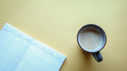 Flat lay background, workplace with coffee cup and documents, flat lay, coffee break
