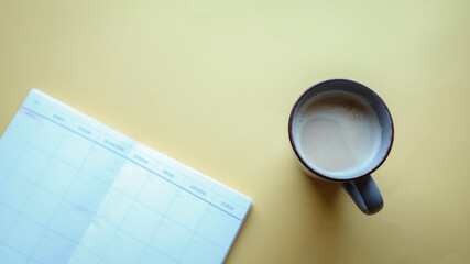 Flat lay background, workplace with coffee cup and documents, flat lay, coffee break