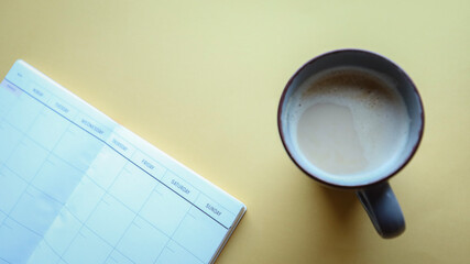 Flat lay background, workplace with coffee cup and documents, flat lay, coffee break