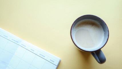 Flat lay background, workplace with coffee cup and documents, flat lay, coffee break