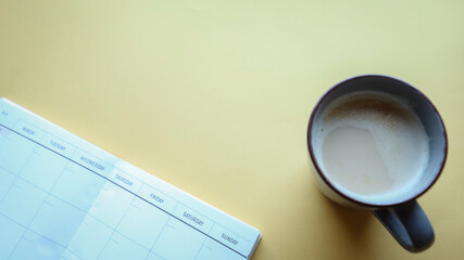Flat lay background, workplace with coffee cup and documents, flat lay, coffee break