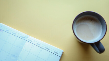 Flat lay background, workplace with coffee cup and documents, flat lay, coffee break