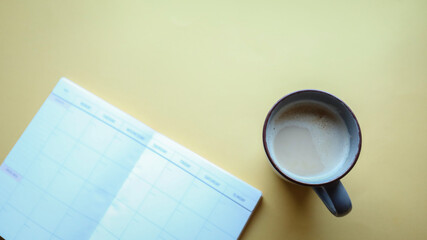 Flat lay background, workplace with coffee cup and documents, flat lay, coffee break