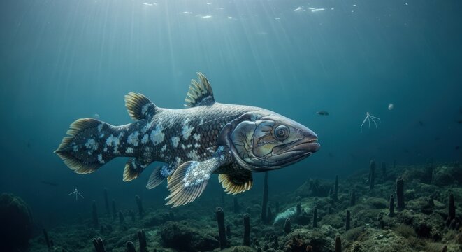 Coelacanth fish swimming in deep blue ocean water.