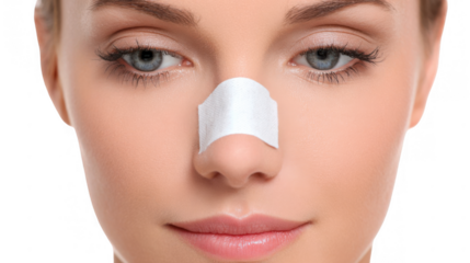 Close up of a young woman with closed eyes applying a nose pore strip for blackhead removal, showcasing a transparent background for easy integration into various designs