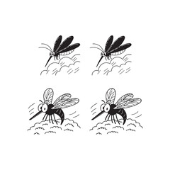 Four Hand-Drawn Mosquitoes in Flight