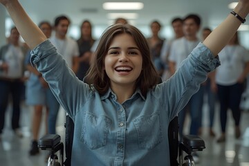 joyful young woman in a wheelchair celebrating success with arms raised in an inclusive workplace