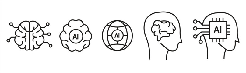 A collection of artificial intelligence icons, including a silhouette of a human head with a brain, an AI chip, and a circuit board. Machine learning, technology, vector graphic illustration, isolated