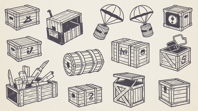 Collection of hand-drawn wooden crates and barrels game asset illustrations for supply drops and inventory isolated on textured background