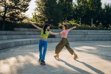 Female skate dancers rehears roller skating performance with half-split on square
