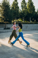 Girl friends dance on roller skates on twilight park ground
