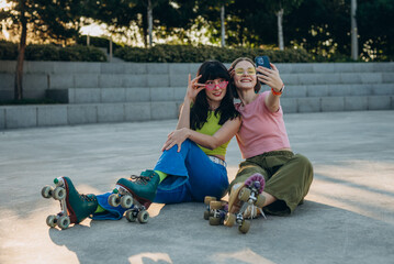 Happy sportive females team captures moment grimacing at twilight
