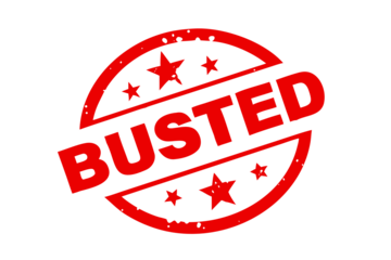 A bold red grungy rubber stamp with the word BUSTED centered on a dark black surface