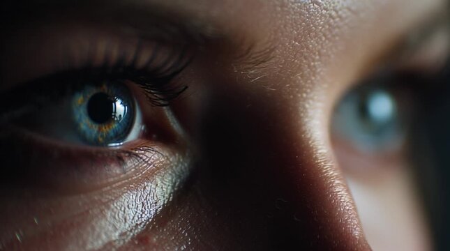 Extreme close-up of human eyes snapping sharply into focus, capturing sudden alertness, clarity, and intensity, with crisp detail and dramatic emphasis on vision and awareness.