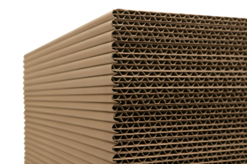 Close-up of a stack of brown corrugated cardboard sheets highlighting the fluted texture ideal for packaging recycling or industrial design concepts