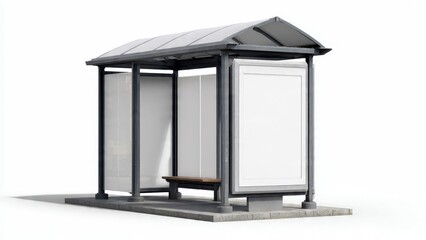 Modern Bus Stop Shelter Mockup on White Background. Isolated Street Furniture with Blank Vertical Advertising Billboard Panel, Bench, and Pavement Base for Branding.