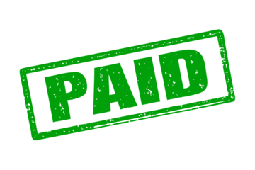 Tilted green PAID rubber stamp with a distressed rectangular border on a plain black surface