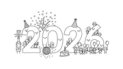 Black & White 2026 Doodle Party - Kawaii Characters, Happy New Year Celebration, Cute Sketch Art, Festive Drawing & Cartoon Design