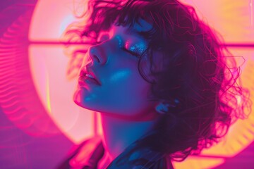 Fashion shooting with a young model posing with closed eyes and shiny makeup under colorful neon lights