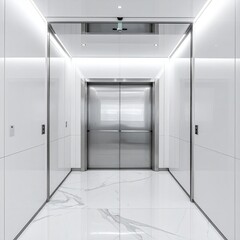 Modern, minimalist elevator hallway.  Sleek white walls and polished marble floor lead to a stainless-steel elevator.  Ambient lighting