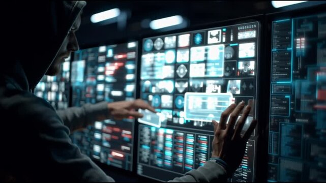 Serverless architecture. Cloud native. Function as a service. Microservices. Modern cloud. Cloud security. A focused individual analyzing data on multiple screens in a dark setting.
