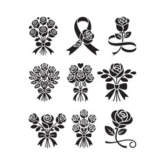 Black Color Valentine Rose Bouquet with Ribbon Premium Design Silhouette Vector Illustration, Solid White Background.