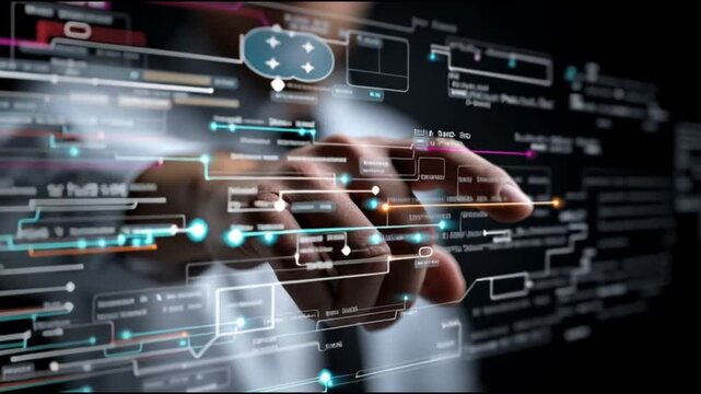 Serverless architecture. Cloud native. Function as a service. Microservices. Modern cloud. Cloud security. A hand interacting with digital data streams and visualizations.