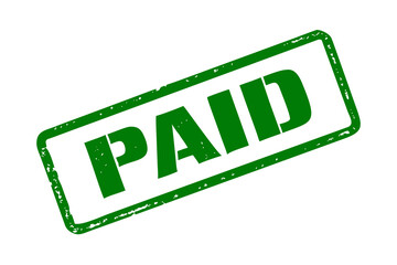 Green rectangular stamp displaying the word PAID with a distressed textured effect on a black surface