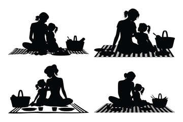 Four silhouettes of mothers and daughters picnicking on checkered blankets