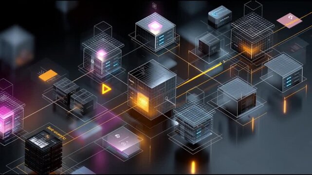 Serverless architecture. Cloud native. Function as a service. Microservices. Modern cloud. Cloud security. Abstract representation of cloud infrastructure and data processing.