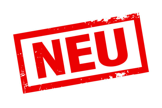 Red grungy stamp with the word NEU tilted to the left against a solid black background