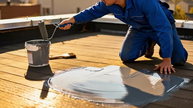 Contractor applying liquid waterproof coating on a rooftop deck to prevent water leakage and protect building structure from moisture damage.