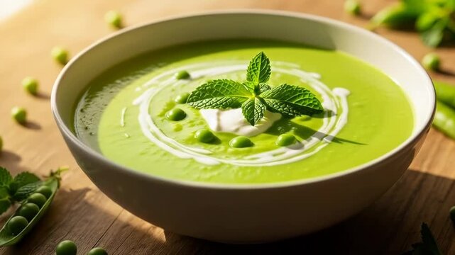 Fresh minty pea soup with whipped cream swirl in sunlit kitchen