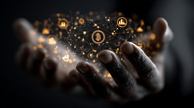 Hands holding digital currency - Powered by Adobe