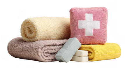 Colorful towels, bath salts, soap, and other toiletries are neatly arranged in and around a vintage suitcase, evoking a sense of relaxation and self care against a transparent background