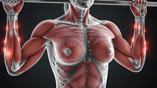 Scientific Animation of Human Muscular and Skeletal System Performing a Pull-Up with Highlighted Pain Points