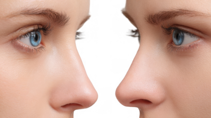 Close up of a woman's face displaying a runny nose and tears flowing down her cheek, highlighting the physical signs of sadness and distress against a transparent background