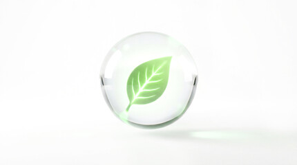 3D Render of Transparent Glass Orb Containing Green Leaf for Net Zero Carbon and ESG Sustainability Concept
