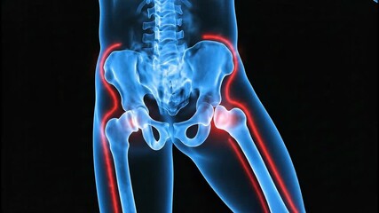 A detailed 3d x-ray visualization of the human pelvis and upper leg bones is displaying anatomical structure with bright blue bones and intense red highlights against a deep black background. - Powered by Adobe