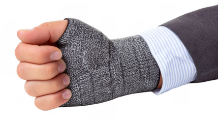 Office worker wearing a wrist support, shaking hands against a transparent background, illustrating the impact of work accidents like carpal tunnel syndrome on professionals in the workplace