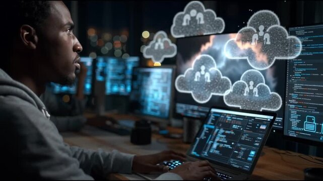 Serverless architecture. Cloud native. Function as a service. Microservices. Modern cloud. Cloud security. A person working on a laptop in a modern tech environment at night.
