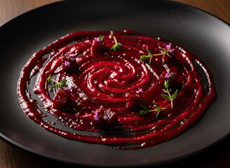 Gourmet Beetroot Puree Swirled Artfully on a Dark Plate Garnished with Cubed Beetroot and Delicate Purple Flowers and Fresh Thyme Sprigs with Warm Overhead Lighting