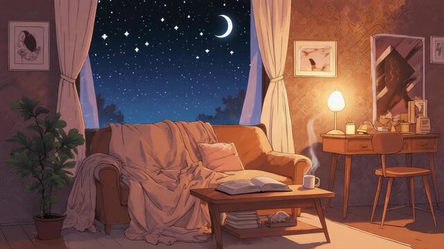 Cozy cartoon interior at night, sofa, table with cup, starry sky visible through the window