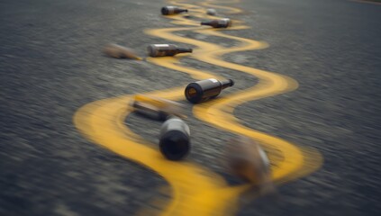 Empty bottles on road and yellow lines create a scene of abandoned party. The yellow line serves as a guide for the scattered bottles. 
