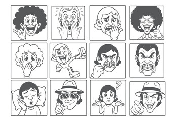 Monochrome Cartoon Expressions Set, Comic Faces Grid, Emotions and Reactions Vector
