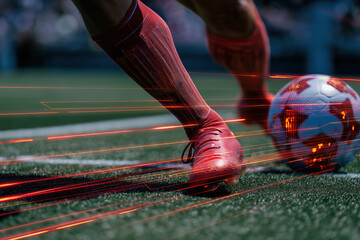 Soccer player's foot kicking ball on field with dynamic motion blur and glowing light trails, depicting speed and energy in sport