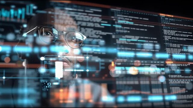 Serverless architecture. Cloud native. Function as a service. Microservices. Modern cloud. Cloud security. A focused individual analyzing data on a digital interface.