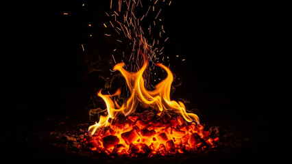 Obraz premium Vibrant Orange Flames Dancing Against Dark Background with Sparks Flying